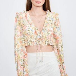 Emory Park Floral Ruffle Tie Front Cropped Blouse Large